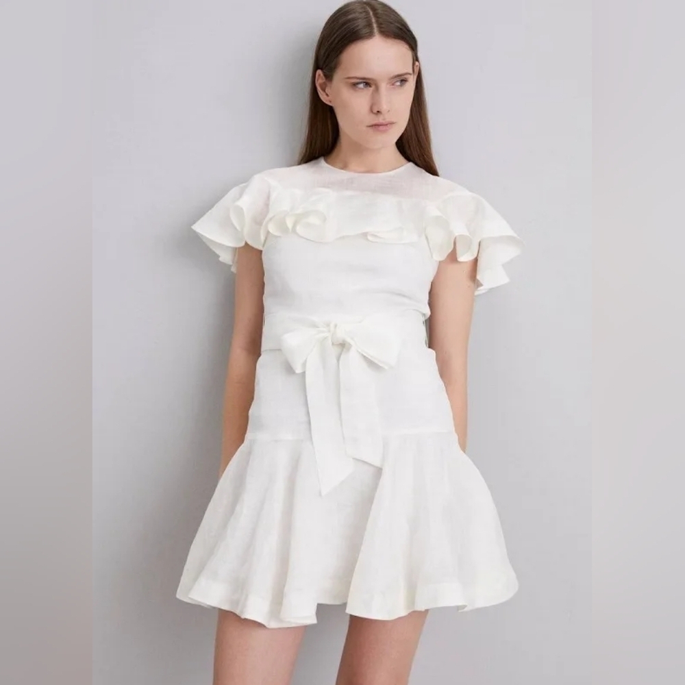 $490 NWT SANDRO Majorque Linen Blend Ruffled Dress Size FR 42 US 10